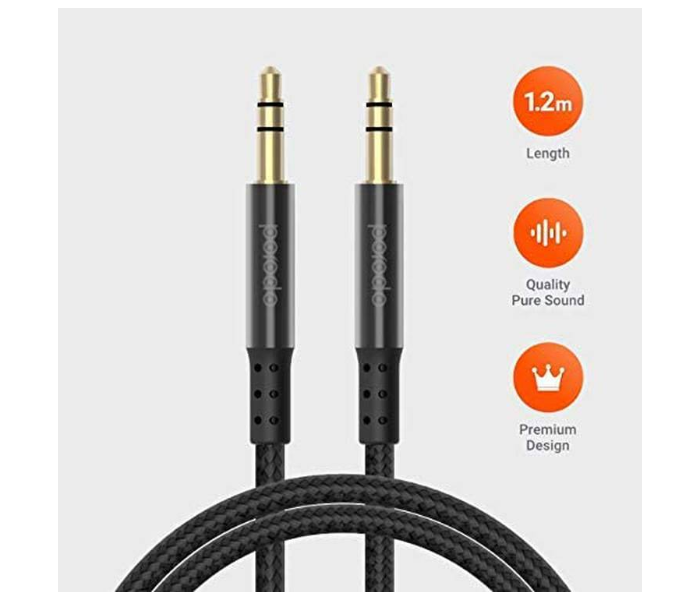 Porodo PD-AUA12-BK 1.2 Meter Durable Braided AUX Metal Shell Cable with Premium Finish and Pure Quality Sound - Black - Zoom Image 1