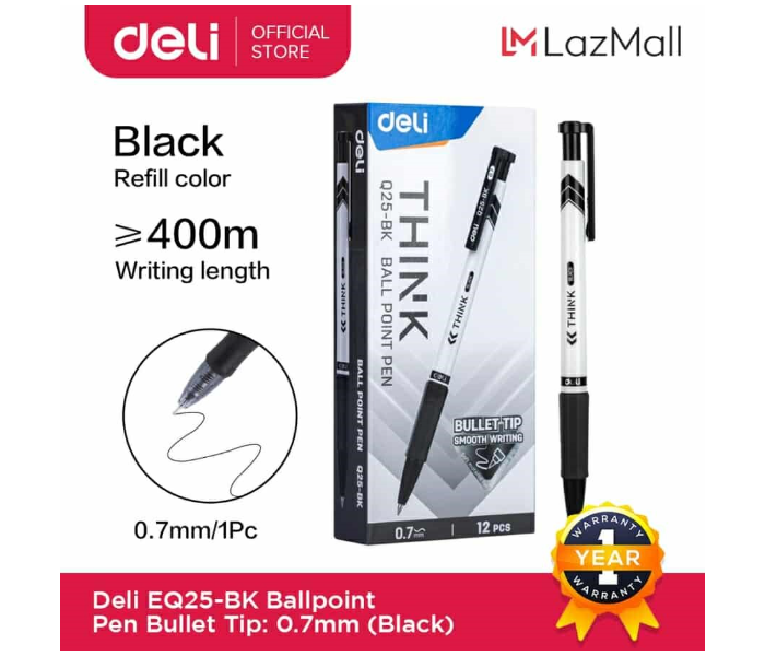 Deli Q25-BK 12 Piece 0.7mm Bullet Tip Ballpoint Pen - Black - Zoom Image