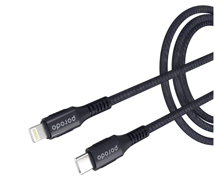 Porodo PD-2PDCL-BK 2 Meter 3A Braided Aluminum Fast Charging Type-C to Lightning PD Cable - Black - Zoom Image 1