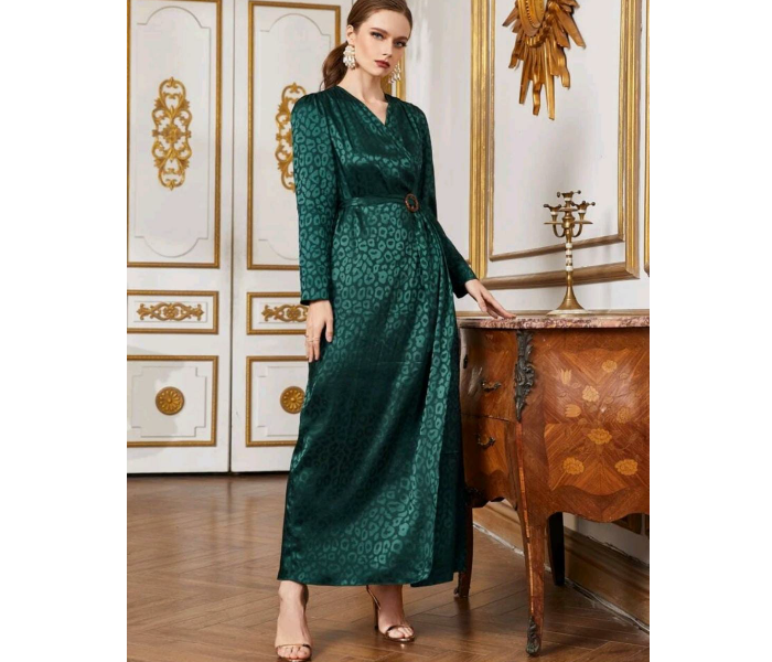 Surplice Wrap O-Ring Belted Leopard Jacquard Satin Fashionable Medium Dress for Women - Green - Zoom Image 2