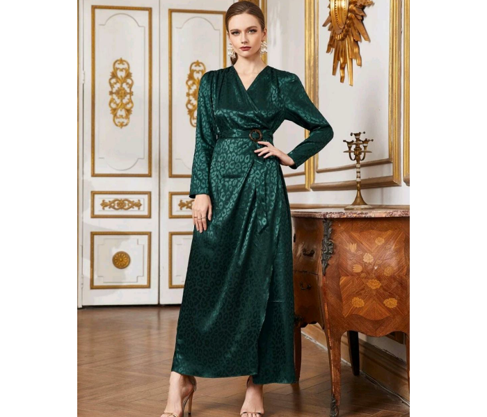 Surplice Wrap O-Ring Belted Leopard Jacquard Satin Fashionable Medium Dress for Women - Green - Zoom Image 4