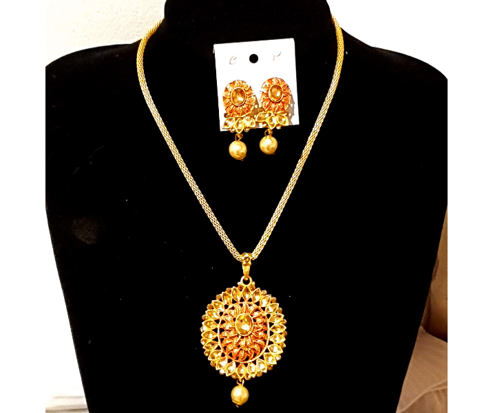 Strabella NC4-05 Traditional Necklace with Kundan Pendant and Earring Set for Women - Golden - Zoom Image