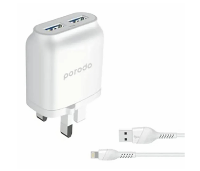 Porodo PD-0203LU2-WH 2.4A Dual USB Wall Charger with  Improved Version PVC Lightning Cable - White - Zoom Image