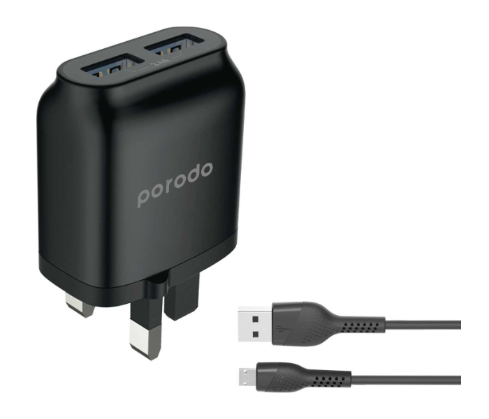 Porodo PD-0203MU2-BK 2.4A Dual USB Wall Charger Improved Version PVC Micro USB Cable - Black - Zoom Image