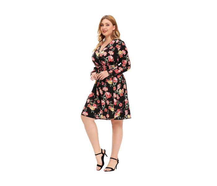 Roken Evan Plus 4XL Size V Neck Polyester Long Sleeve Flower Print Ethnic Dress - Black - Zoom Image 4