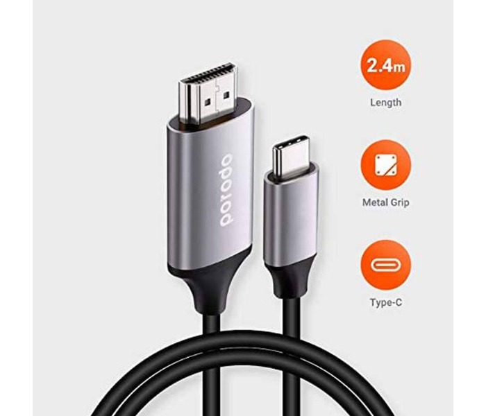 Porodo PD-4KCHD2-GY 2 Meter Type-C to 4K High Definition HDMI Connector Cable with Premium Aluminum Shell Finish - Grey - Zoom Image 1