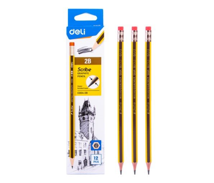 Deli C004-HB 188mm Scribe Graphite Pencil HB with Eraser - Yellow - Zoom Image