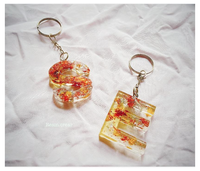 Resin 802 Personalised A to Z Keychains With Rose Gold Flakes Combo - Red and Yellow - Zoom Image