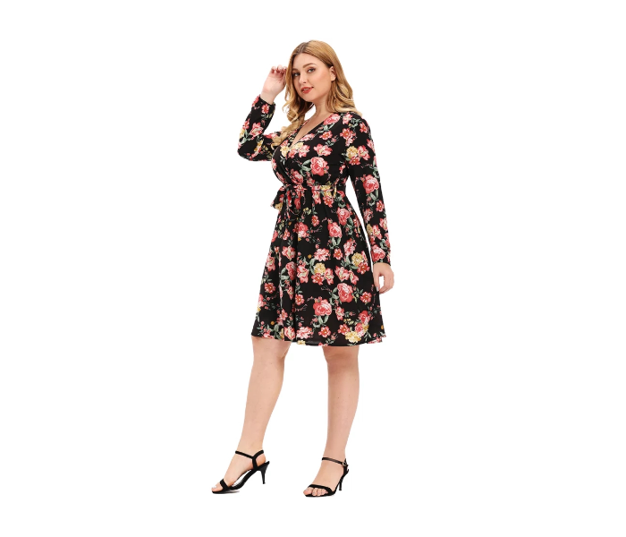 Roken Evan Plus XL Size V Neck Polyester Long Sleeve Flower Print Ethnic Dress - Black - Zoom Image 2