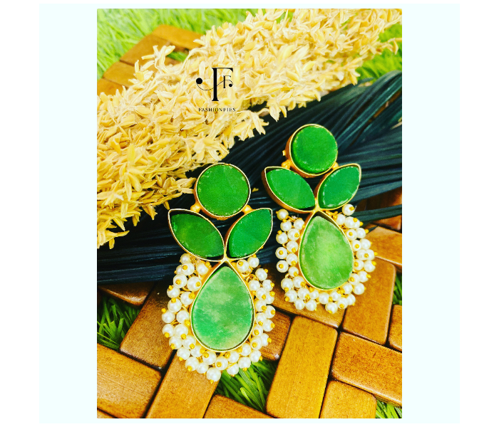 Fashionfies F045 Oxidised Silver Coated Semi Precious Earrings for Women - Green - Zoom Image