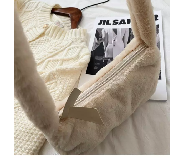 Women Soft Plush Hobos Furry Clutch Purse Fashion Shoulder Baguette Underarm Bag - Beige - Zoom Image 3