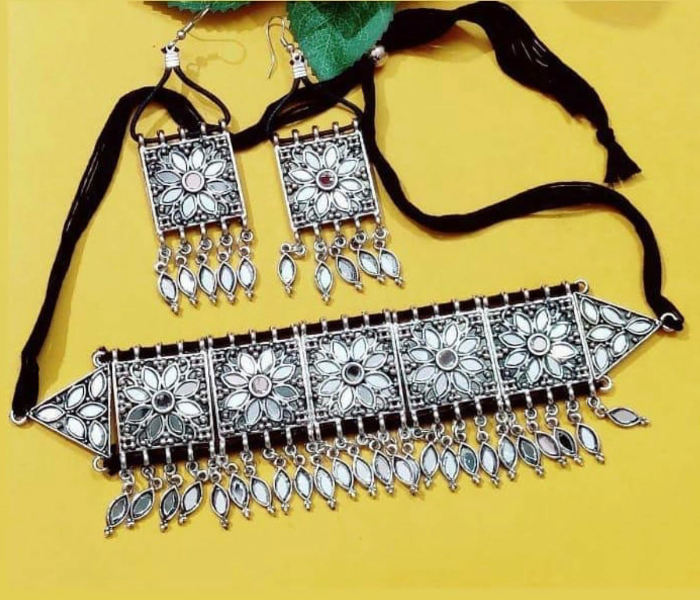 Fashionfies F006 Oxidised Mirror Work Choker With Adjustable Ropes and Earrings -Silver and Black - Zoom Image