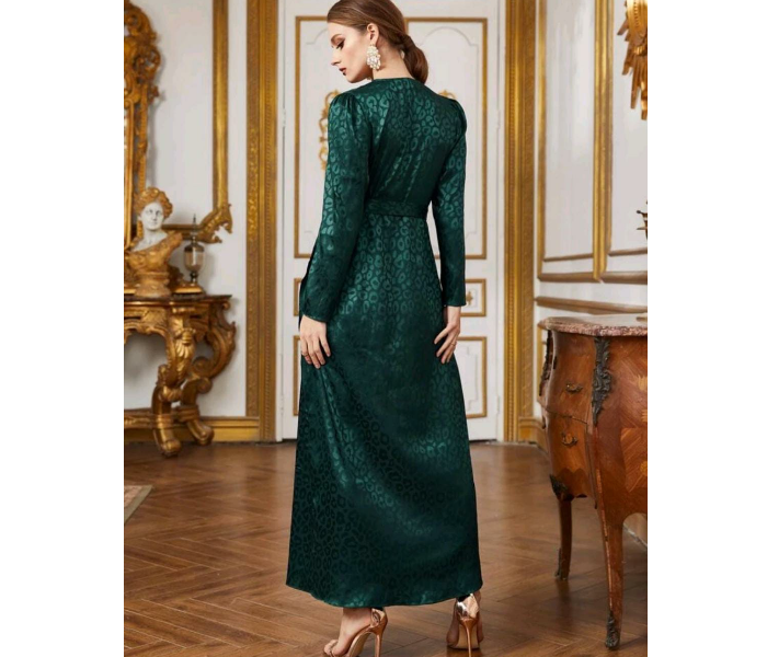 Surplice Wrap O-Ring Belted Leopard Jacquard Satin Fashionable Medium Dress for Women - Green - Zoom Image 3