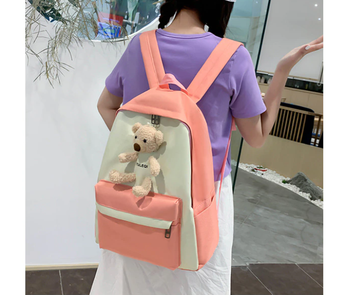 4 Pieces Fashion Cute Bear Canvas Shoulder School Bag for Teenage Girls - Pink - Zoom Image 3