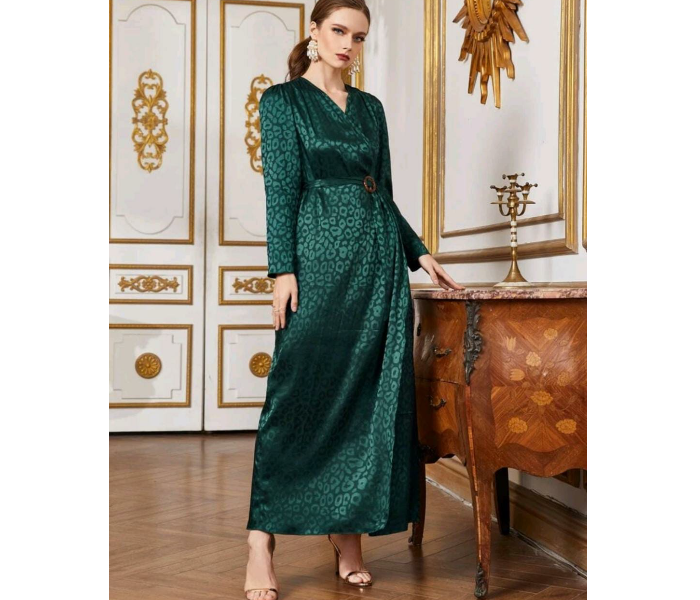 Surplice Wrap O-Ring Belted Leopard Jacquard Satin Fashionable Large Dress for Women - Green - Zoom Image 2