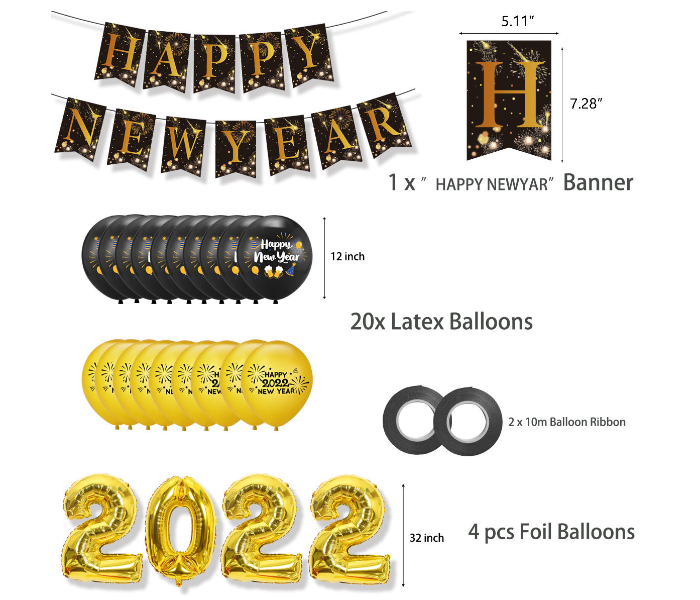 Golden Happy New Year 2022 Foil Balloon Kit With Banner 1 Set Of New Year Party Banner 1 Set Of 4 2022 Aluminum Film Balloons 1 Set Of 20 -12 Inch Latex Balloon Sets 2 Rolls Of 10m Gold Ribbon And Air - Zoom Image 2