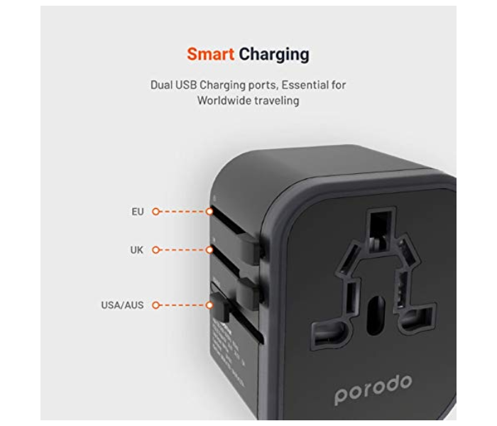 Porodo PD-303PDUTV-BK 3 Ports Fast Charging Dual Port Universal Travel Charger - Black - Zoom Image 2