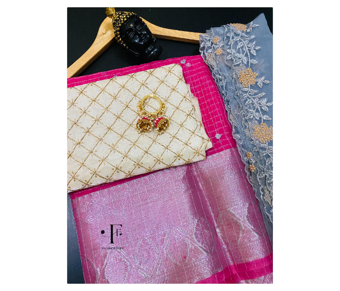 Fashionfies F007 1Meter Blouse and 2.25 Meter Organza Fabric Lehengha Fabric Set with Netted Dupatta and Matching Meenakari Earrings -Pink and White - Zoom Image