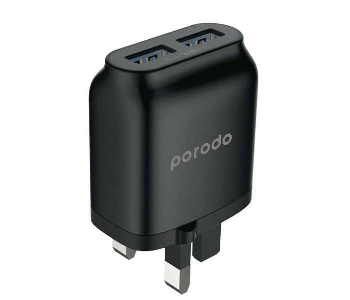 Porodo PD-0203U-BK 2.4A UK 3 Pin Plug Dual USB Wall Charger with Over Heat Protection and Fire Protection - Black - Zoom Image 2