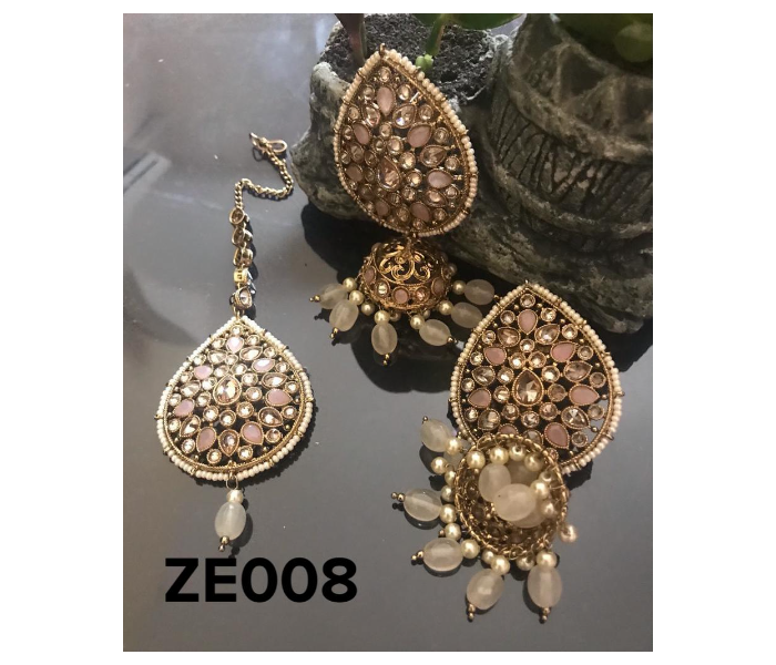 Zewarr ZE008 Dull Gold Polish Rose Quartz Stones Jhumka and Tika Set for Women - Rose and Gold - Zoom Image