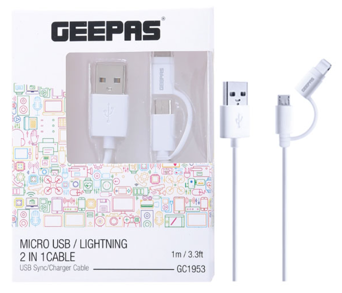 Geepas GC1953 Micro USB Lightning 2 in 1 Cable - White - Zoom Image