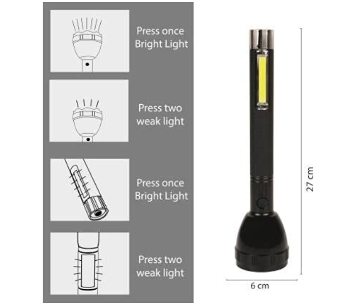 2 In 1 Rechargeable Flashlight and 3W COB + 5W 2 Steps Switch Main Torch - Black - Zoom Image 6