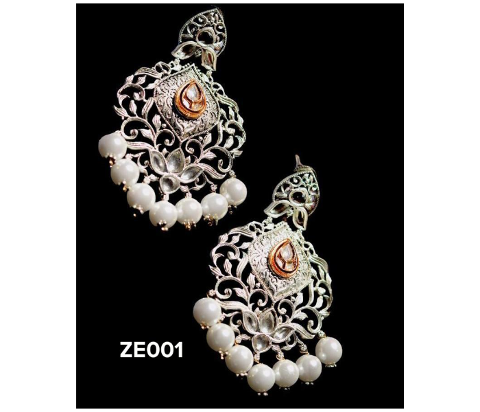 Zewarr ZE001 Elegant Kundan Stoned Matt Silver Polish Earrings with Pearl Hangings for Women - Silver and Orange - Zoom Image