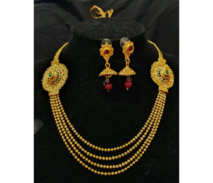 Strabella NC4-07a Beautiful Antique Necklace and Hanging Earring Set for Women - Green and Golden - Zoom Image