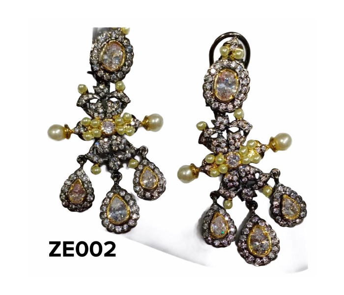 Zewarr ZE002 Back Side Clasp Full Rodium Plated Zicron Stones with Rose Gold Polish Earrings for Women - Silver and Yellow - Zoom Image