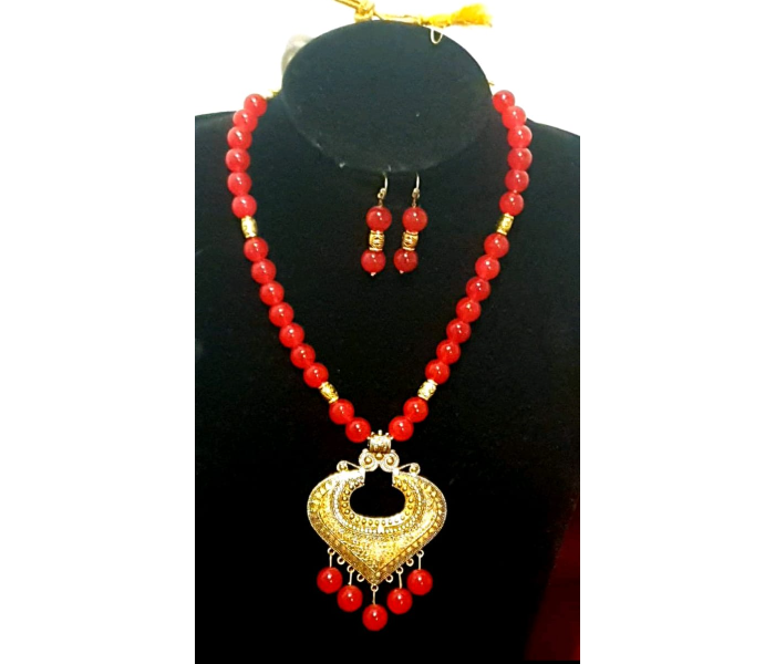 Strabella NC5004f Beautiful Beaded Necklace With Antique Pendant and Earring for Women - Red and Golden - Zoom Image