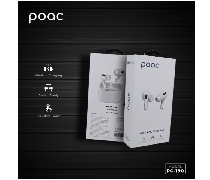 Poac PC-190 Active Noise Cancellation True Wireless Headphone - White - Zoom Image 1