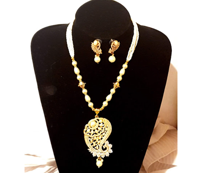 Strabella NC6001a Beautiful Layered Long Chain and Earring for Women - White and Golden - Zoom Image