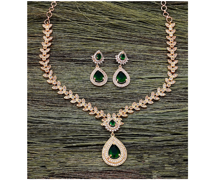 Strabella NC2-23a Beautiful Ad Stone Necklace and Earring Set for Women - Gold and Green - Zoom Image