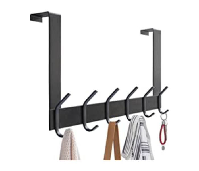 6 Hooks Stainless Steel Matte Over The Door Hooks Heavy Duty Over Door Hanger Holder for Coat Robe Hat Clothe Towels Hanging Bathroom Organizer Towel Rack - Black - Zoom Image 1