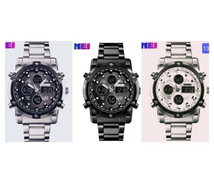 Skmei 1389 3 Piece Gents Chain Double Time Analog Watch for Men - Silver Black and Grey - Zoom Image