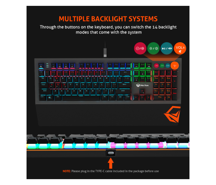 Meetion MT-MK500 Mechanical RGB Backlit Gaming Keyboard with Type C Cable - Black - Zoom Image 3