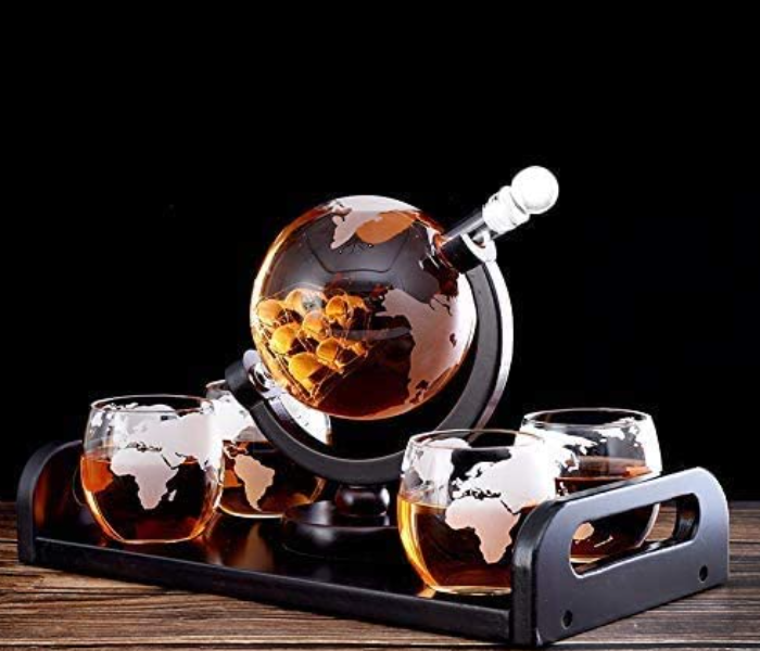 1000ml Whiskey Decanter Globe Set with 4 Etched Globe Whisky Glasses - Zoom Image 2