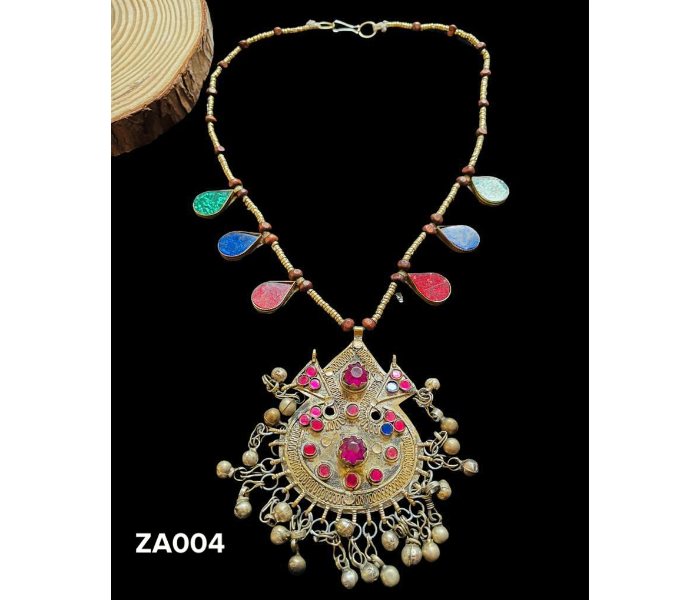 Zewarr ZA004 Elegant Vintage Polish Afghani Neckpiece for Women - Pink and Gold - Zoom Image