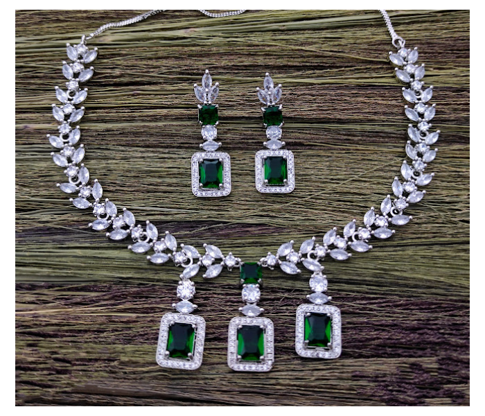 Strabella NC2-25 Beautiful Ad Stone Necklace and Earring Set for Women - Silver and Green - Zoom Image