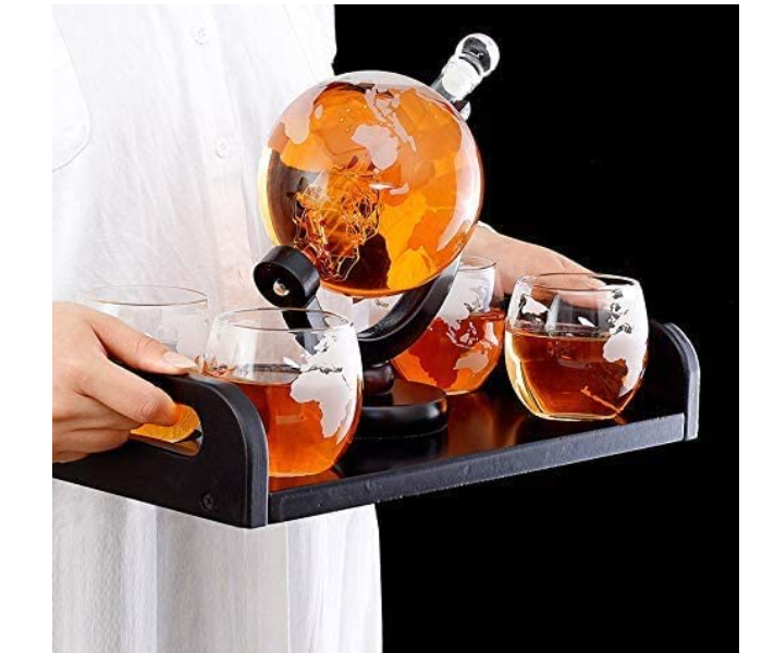 1000ml Whiskey Decanter Globe Set with 4 Etched Globe Whisky Glasses - Zoom Image 3