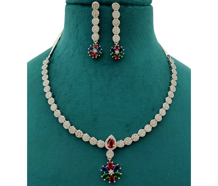 Strabella NC2-22 Ad Stone Multi Colour Necklace and Earring Set for Women - Silver and Red - Zoom Image