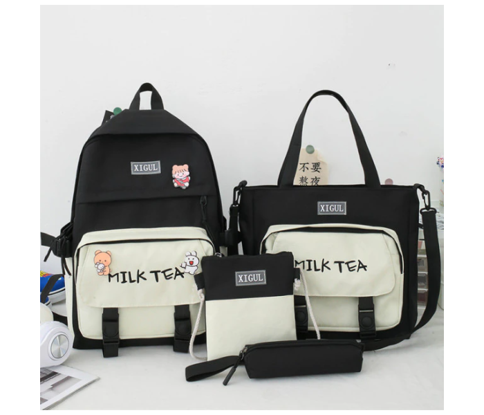 4 Pieces Canvas Laptop Rucksack Backpacks for Women - Black - Zoom Image 1