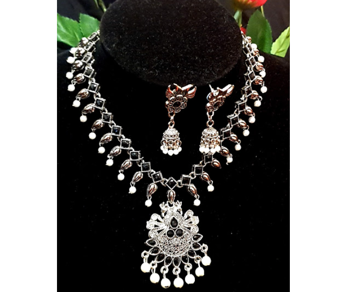 Strabella NC1-08a Beautiful Necklace and Earring Set with Stones for Women - Black and Silver - Zoom Image