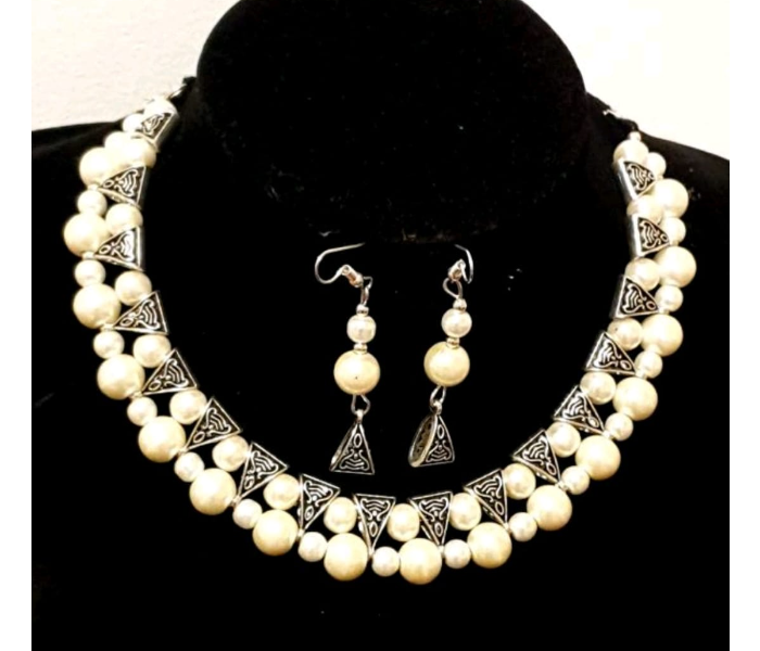 Strabella NC5005a Beautiful Oxidised Necklace and Earrings With Beads for Women - Silver and White - Zoom Image