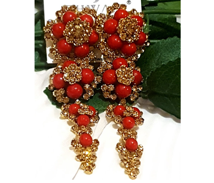 Strabella B8-01e Beautiful Big Size Earings With Stones And Beads for Women - Red and Golden - Zoom Image