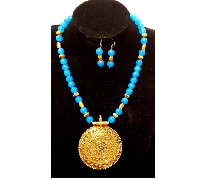 Strabella NC5003 Beautiful Beaded Necklace with Earring for Women - Gold and Blue - Zoom Image