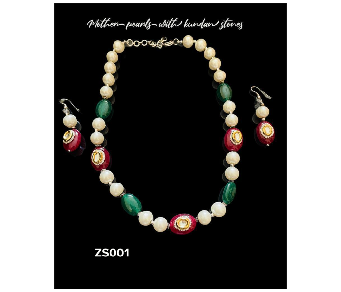 Zewarr ZS001 Elegant Mother Pearl Necklace Set with Kundan Stones for Women - White and Green - Zoom Image