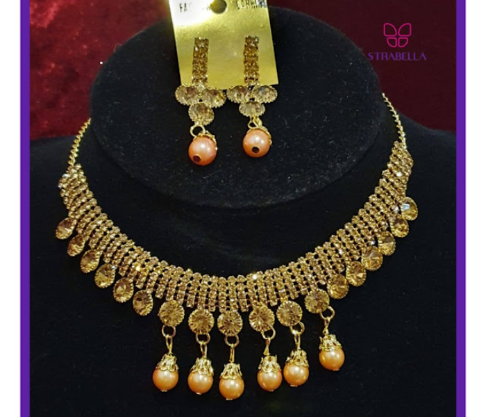 Strabella NB02 Beautiful Necklace and Earring Set with Stones for Women - Golden - Zoom Image