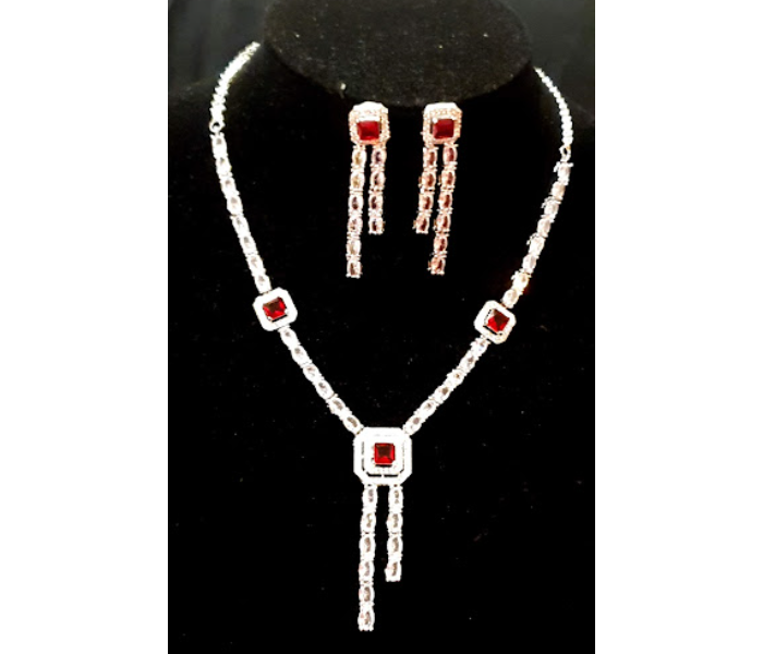 Strabella NC2-17 Sparkling Ad Stone Necklace and Earring Set for Women - Silver and Red - Zoom Image