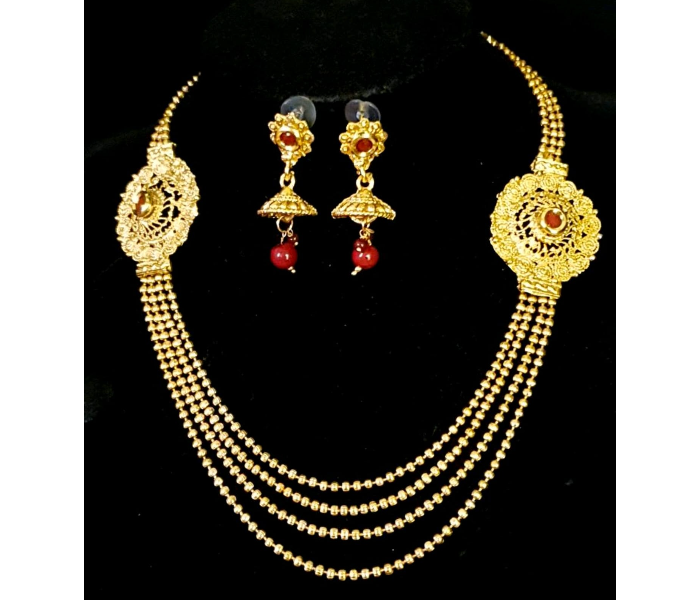 Strabella NC4-07b Beautiful Antique Necklace and Hanging Earring Set for Women - Red and Golden - Zoom Image